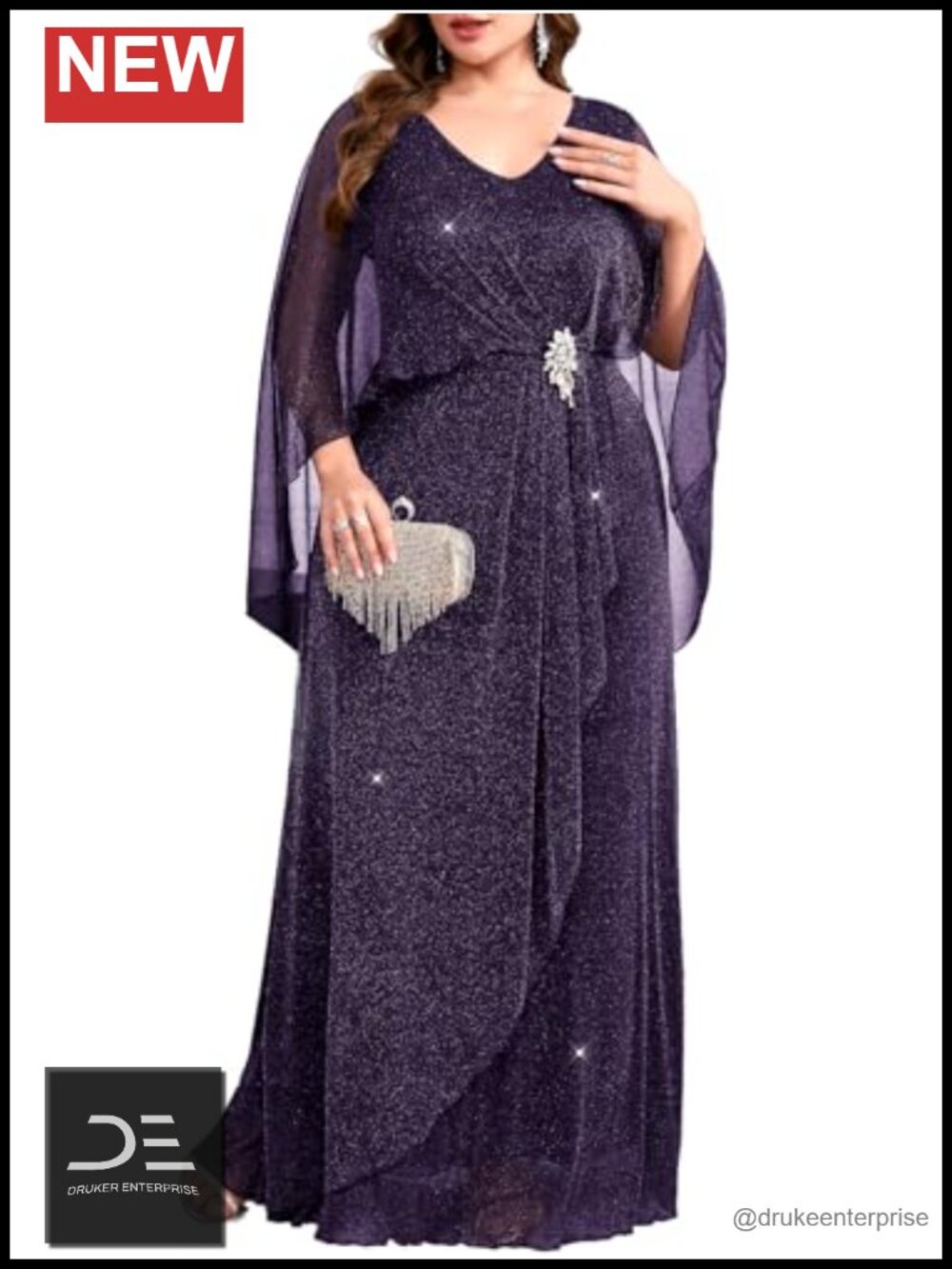 Plus Size Glitter Evening Dress Long Cape V-Neck Formal Gown